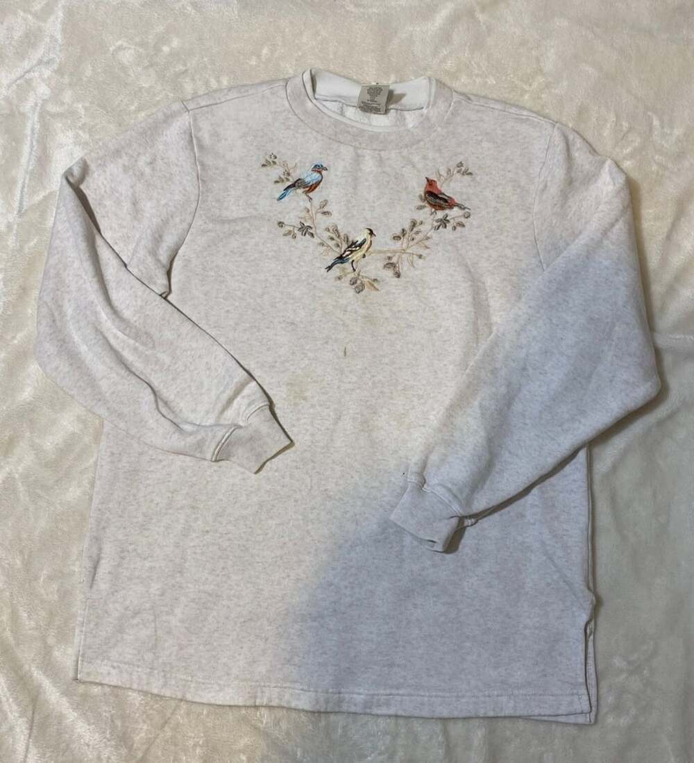 Blair Embroidered Birds Sweatshirt Size MED Oatmeal Cotton Blend